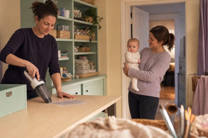 One mother vacuuming glitter from a high craft table while another holds their awake baby safely across the room