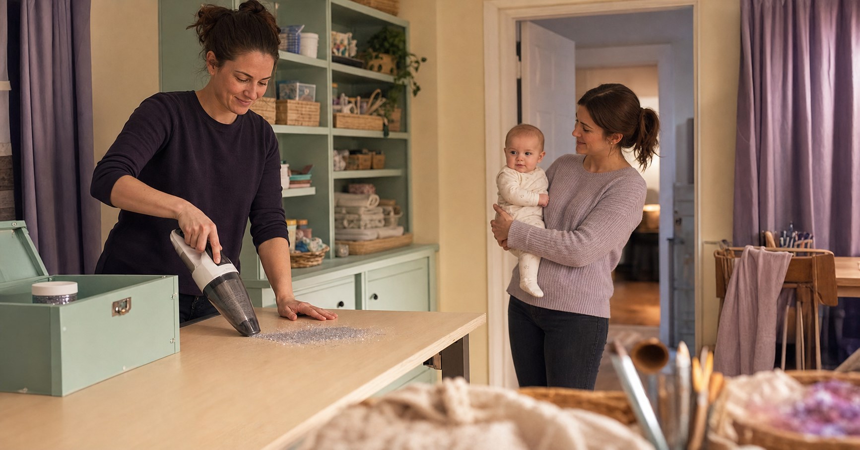 One mother vacuuming glitter from a high craft table while another holds their awake baby safely across the room