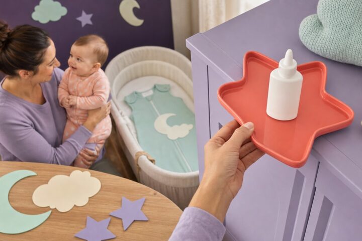 A capped white glue bottle sits on a coral star tray as a caregiver holds a smiling baby beside a bassinet and moon decorations.