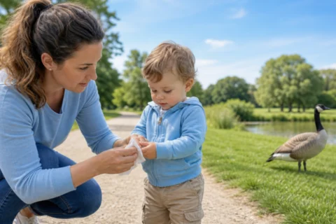 Caregiver cleaning a toddler’s hands on a park path with a goose in the background.
