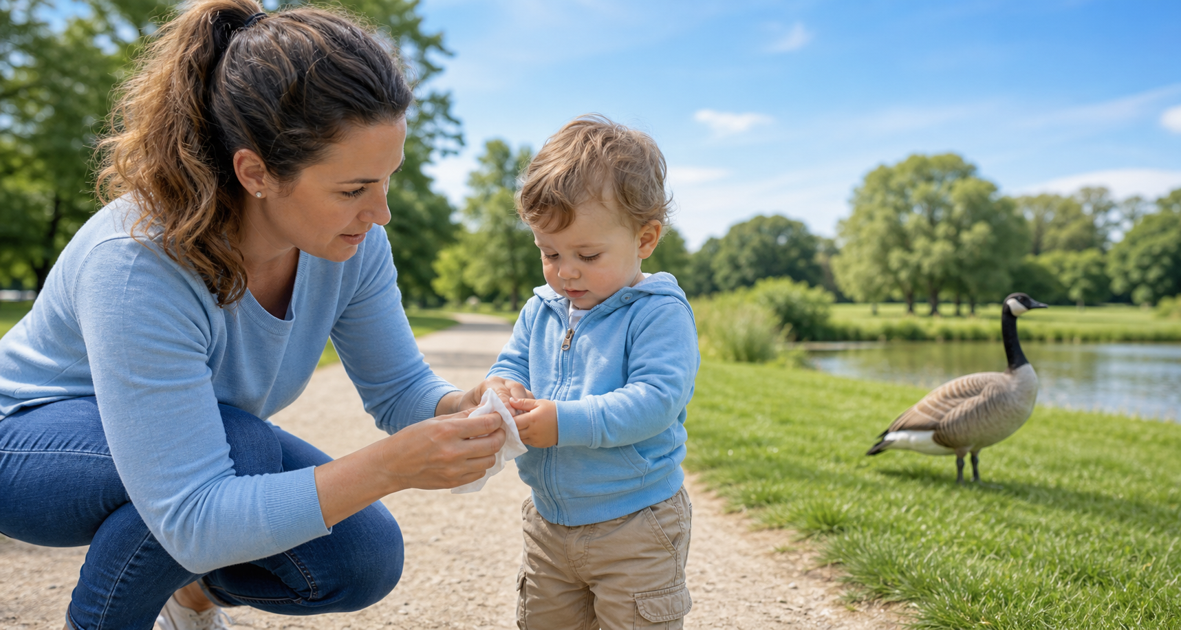 Caregiver cleaning a toddler’s hands on a park path with a goose in the background.