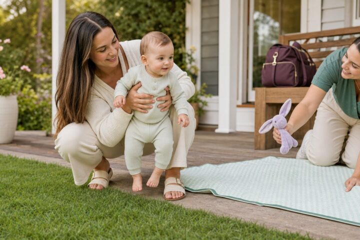 A caregiver lifts a baby away from the grass while another spreads a mint play mat on the porch.