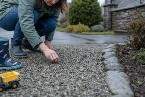 A parent crouching over a gravel path with rain boots and a toy truck nearby.