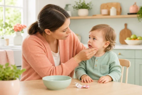Caregiver gently checking a toddler at a kitchen table with a gum wrapper and bowl of water nearby.