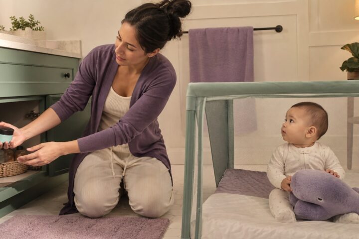 Mother placing a closed hair grease jar into a mint bathroom cabinet while her awake baby sits safely in a play yard