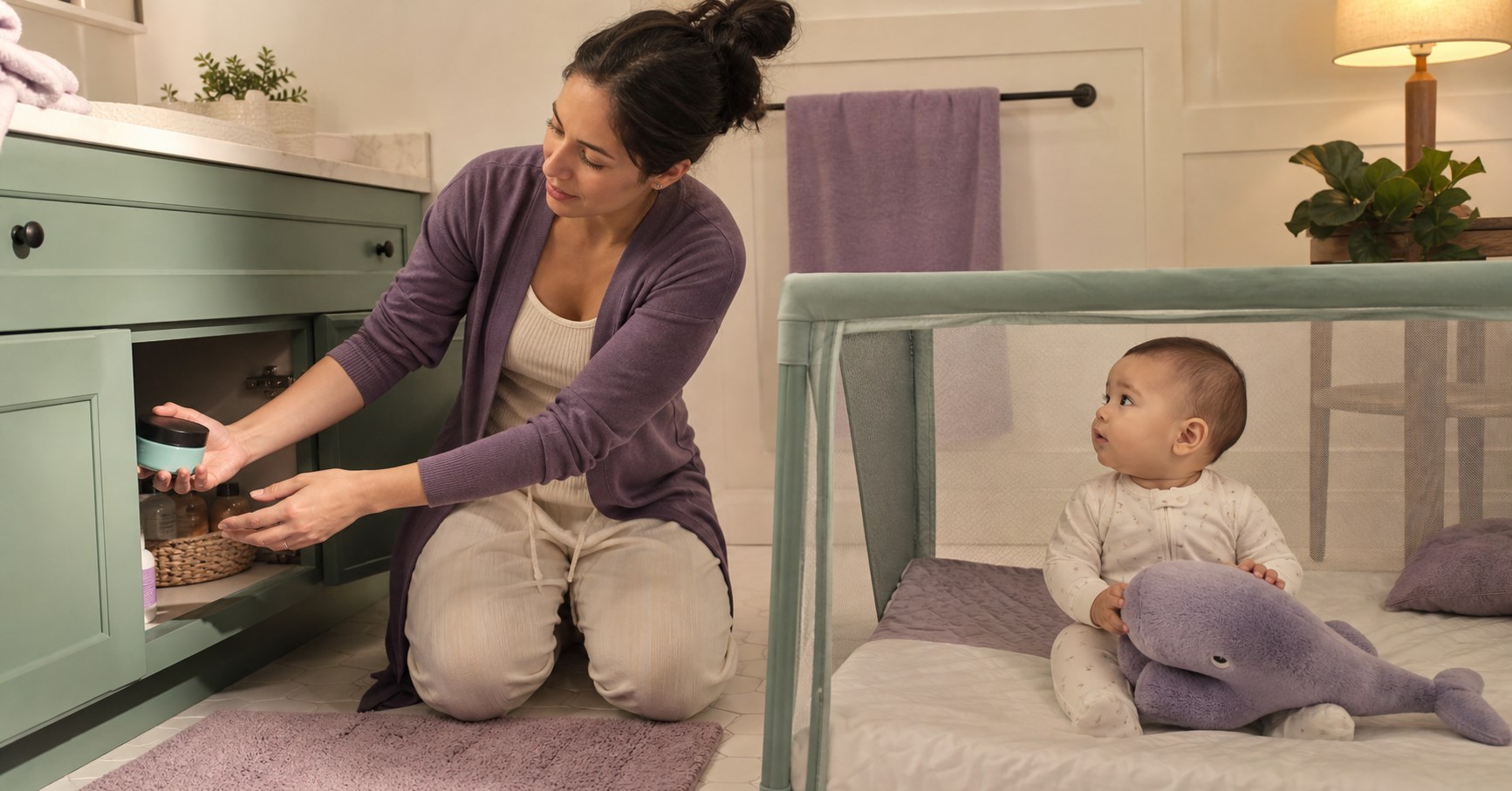 Mother placing a closed hair grease jar into a mint bathroom cabinet while her awake baby sits safely in a play yard