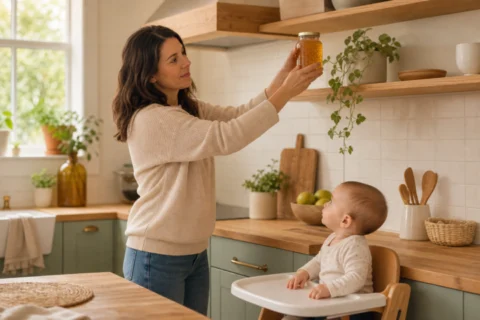 Caregiver holding a honey jar up in a sunlit kitchen while a baby watches from a high chair.