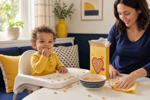 Caregiver tidying a breakfast table with a toddler and spilled cereal nearby.