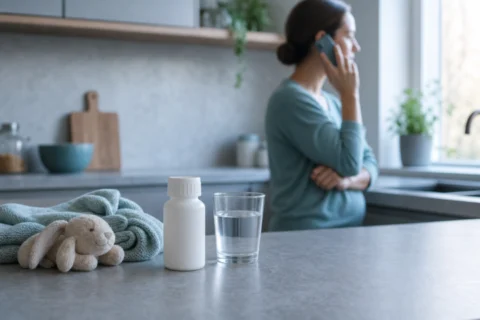 A parent on the phone beside a childproof medicine bottle, a glass of water, and a soft toy on a kitchen counter.