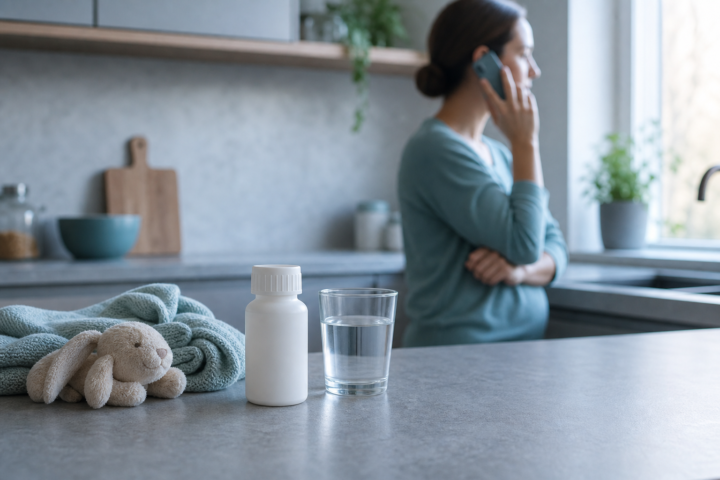 A parent on the phone beside a childproof medicine bottle, a glass of water, and a soft toy on a kitchen counter.