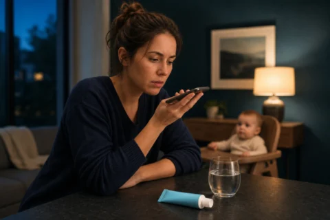Concerned caregiver speaks into a phone beside a blue ointment tube and a glass of water, with a baby blurred in a high chair behind them.