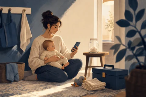 A caregiver sits on the floor holding a baby and looking at a phone beside a jar of pale fibers on a small table.