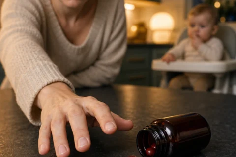 A worried caregiver reaches toward several iron tablets spilled from an open bottle on a dark kitchen counter, with a baby blurred in the background.