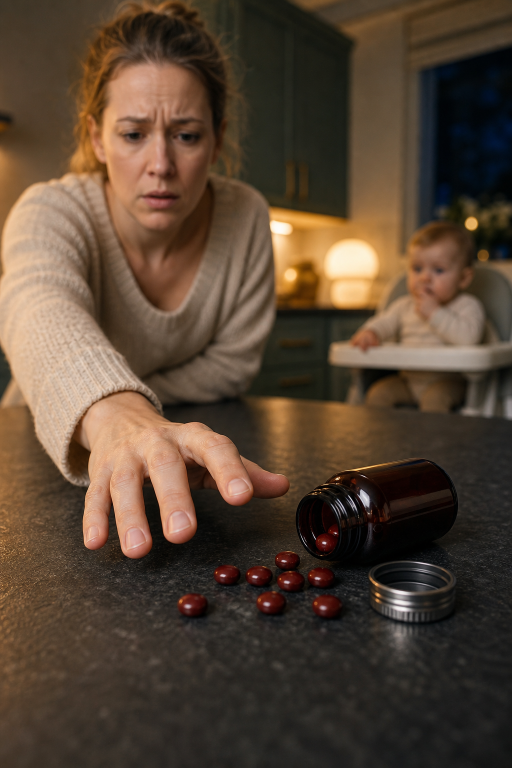 A worried caregiver reaches toward several iron tablets spilled from an open bottle on a dark kitchen counter, with a baby blurred in the background.