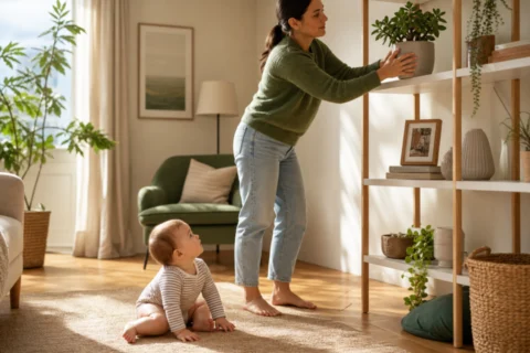 Caregiver placing a jade plant on a higher shelf in a bright living room while a baby sits on the rug.