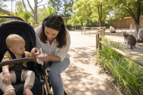 Caregiver checking a baby's hand beside a stroller on a zoo walkway with a kangaroo in the background.