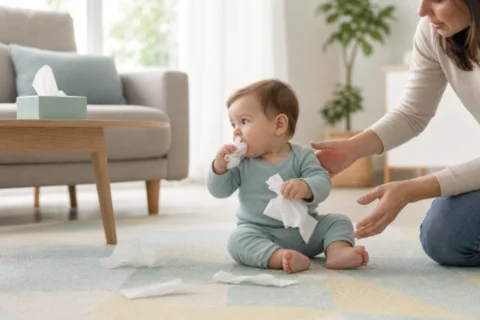 Caregiver reaching toward a baby sitting on a play mat near a tissue box and scattered tissues.