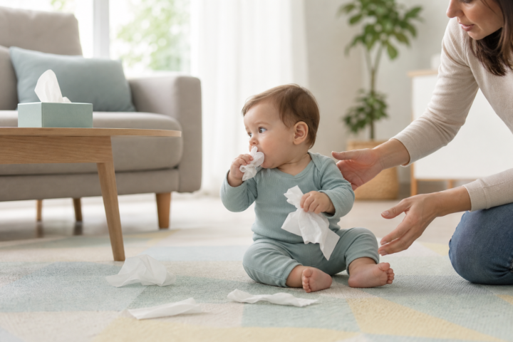 Caregiver reaching toward a baby sitting on a play mat near a tissue box and scattered tissues.