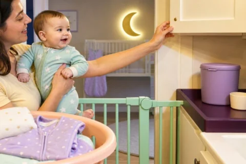 A caregiver holds a smiling baby behind a mint gate while a closed lavender detergent canister and scoop sit across the laundry room.