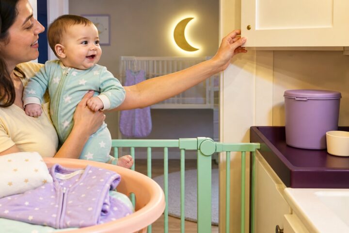 A caregiver holds a smiling baby behind a mint gate while a closed lavender detergent canister and scoop sit across the laundry room.