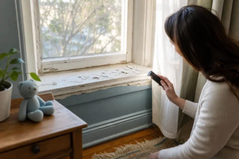 A caregiver shines a light over peeling white paint flakes on an old window frame with a small teddy bear on a nearby table.