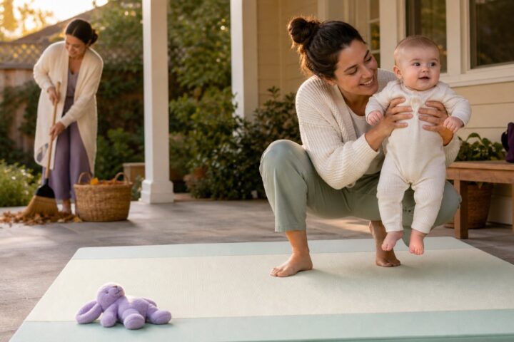 A caregiver lifts a smiling baby over a clean play mat while another sweeps fallen leaves into a basket.