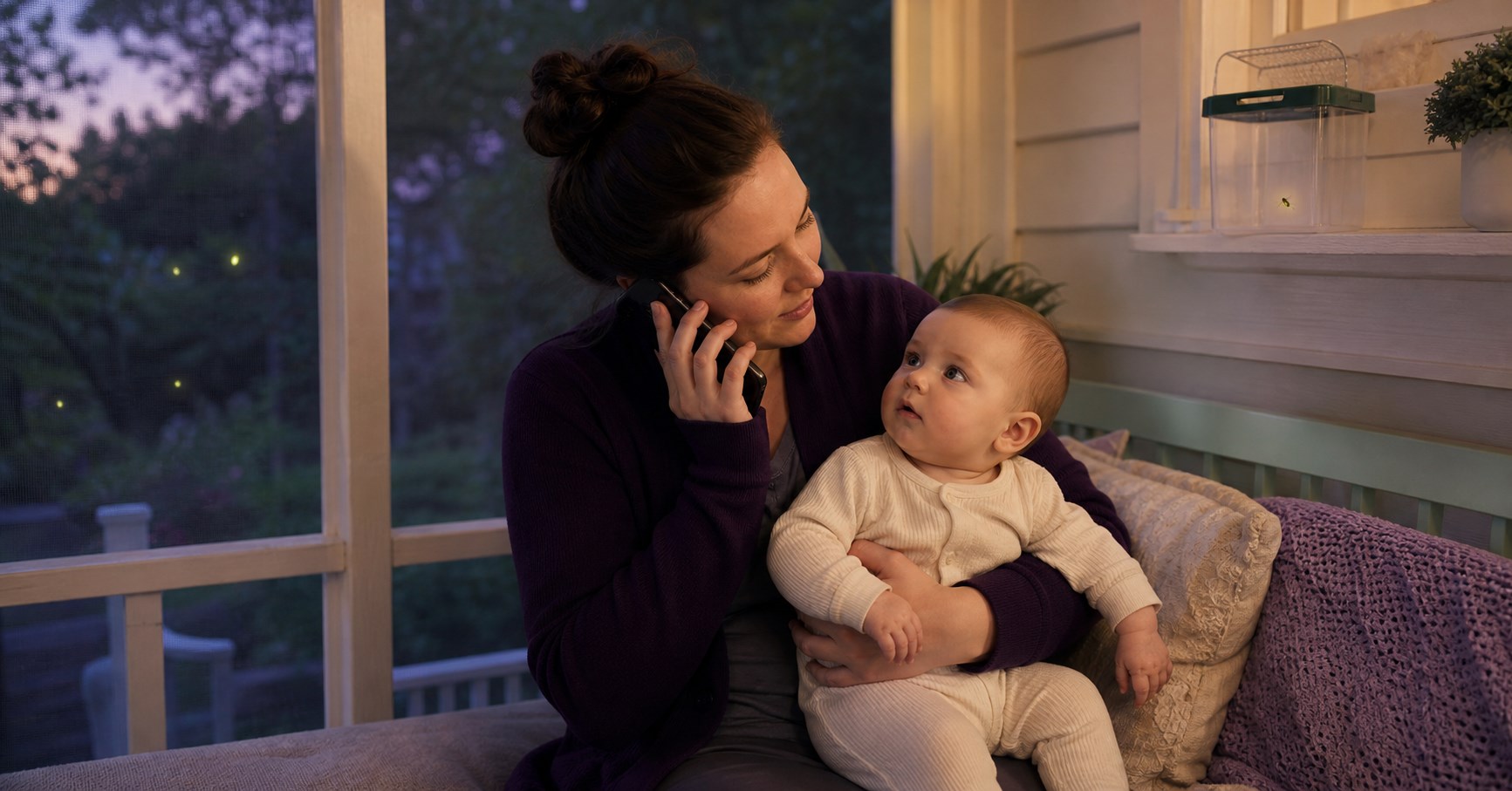 Mother holding her awake baby while calling for advice on a screened porch with a firefly secured in a high container