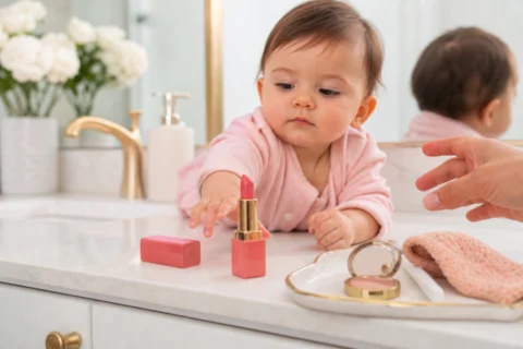 A baby reaches toward a pink lipstick tube on a bright bathroom vanity while an adult hand moves in to stop it.