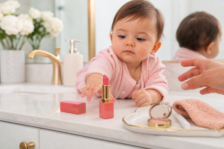 A baby reaches toward a pink lipstick tube on a bright bathroom vanity while an adult hand moves in to stop it.