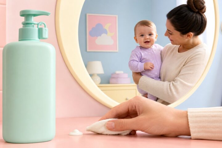 Caregiver wiping lotion beside a locked mint pump bottle as a mother holds their awake baby in a round mirror