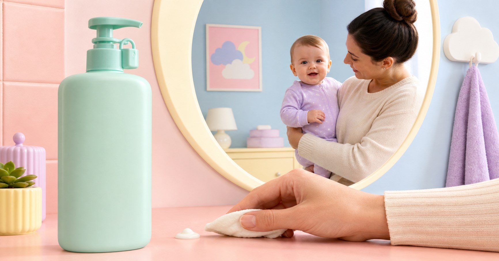 Caregiver wiping lotion beside a locked mint pump bottle as a mother holds their awake baby in a round mirror