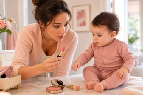 A parent showing a pink lipstick to a baby sitting on a vanity counter with a compact and makeup brush nearby.