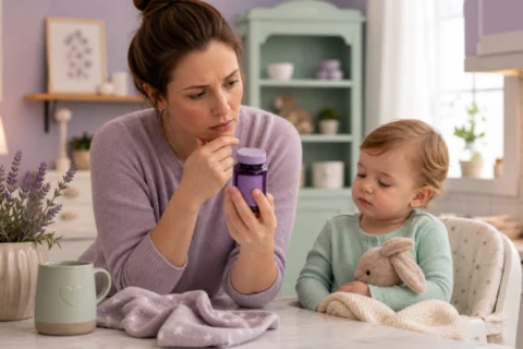 Editorial scene illustrating baby ate melatonin in a bright home setting.