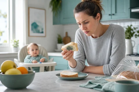 A worried parent holding a moldy slice of bread in a bright kitchen with a baby in a high chair nearby.