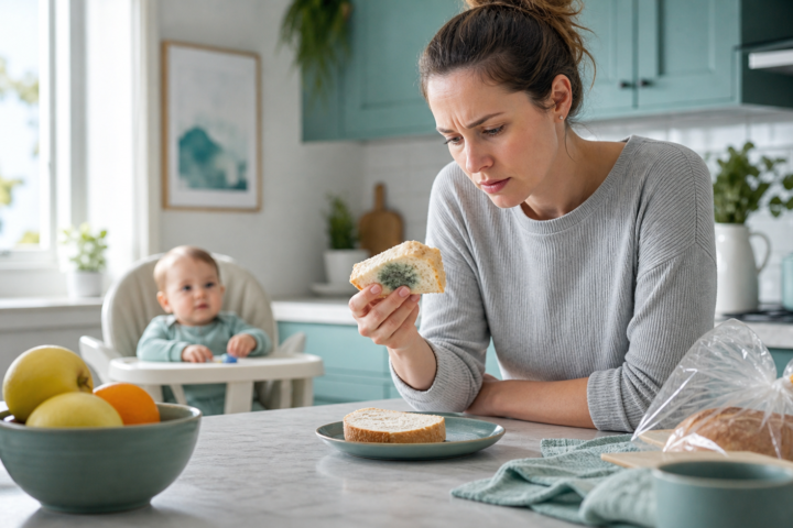 A worried parent holding a moldy slice of bread in a bright kitchen with a baby in a high chair nearby.