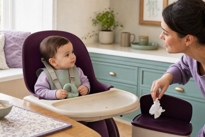 Mother removing a torn napkin while her awake baby sits harnessed in a plum high chair holding a mint teether
