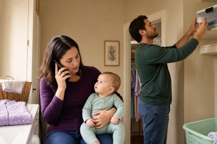 A caregiver calls for help with a baby on her lap while another stores a closed container on a high laundry-room shelf.