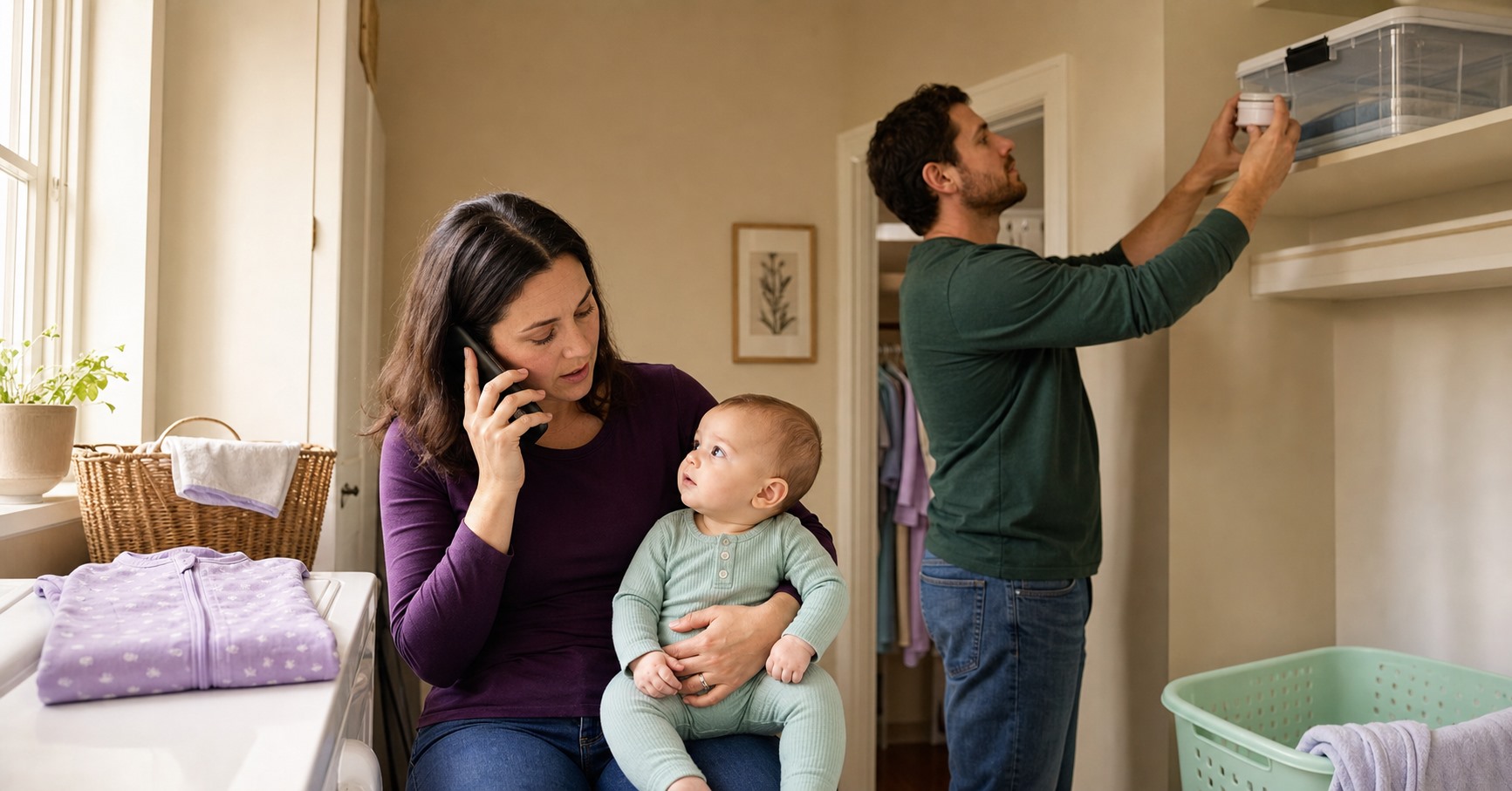 A caregiver calls for help with a baby on her lap while another stores a closed container on a high laundry-room shelf.