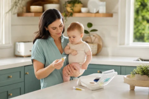Caregiver holding a baby beside a kitchen counter with a small antibiotic ointment tube and first-aid items.
