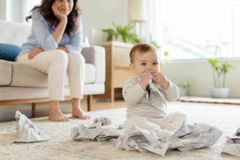 Editorial scene illustrating baby eating newspaper in a bright home setting.
