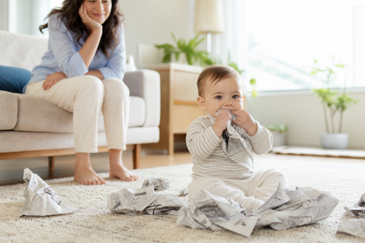 Editorial scene illustrating baby eating newspaper in a bright home setting.