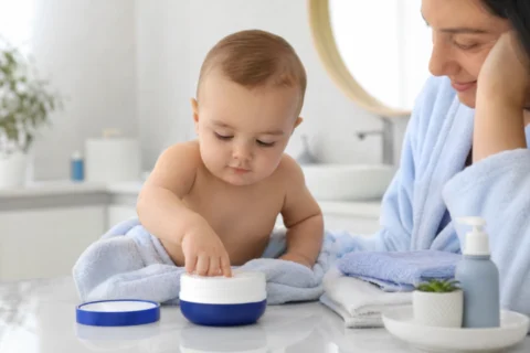 Editorial scene illustrating baby eating nivea cream in a bright home setting.