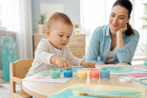 Editorial scene illustrating baby eating non-toxic paint in a bright home setting.