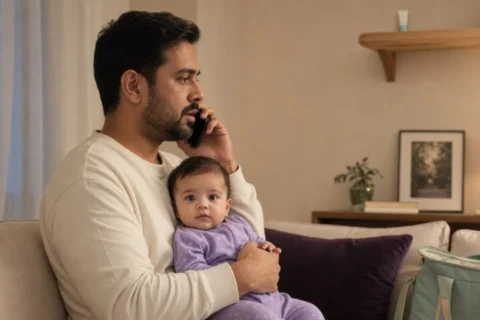 Father holds a calm baby in lavender pajamas while making a phone call, with a capped tube stored on a high shelf.