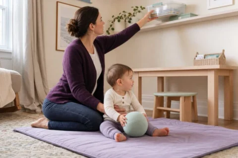 Mother placing a closed box of oil pastels on a high shelf while supervising her baby on a lavender mat