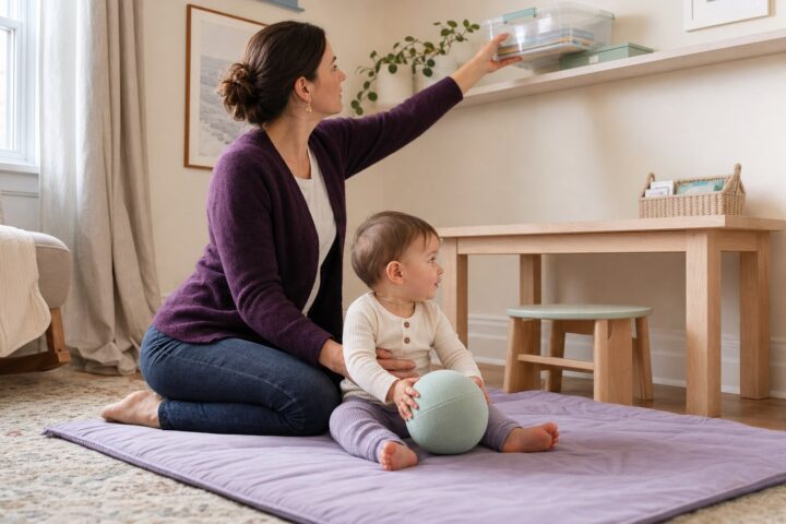 Mother placing a closed box of oil pastels on a high shelf while supervising her baby on a lavender mat