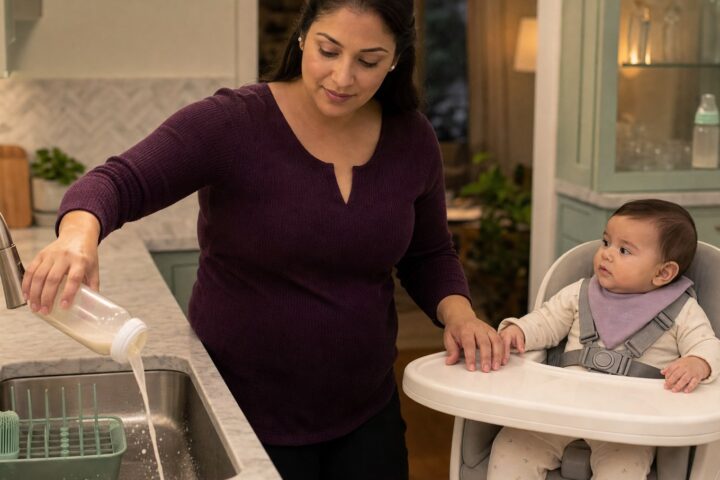 Mother pouring old formula from a bottle into the sink while her awake baby sits harnessed in a high chair