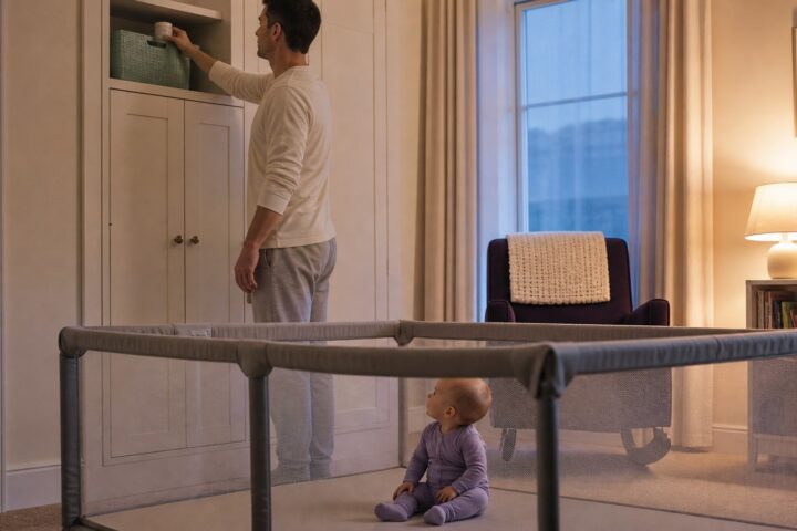 Father stores a closed jar on a high nursery shelf while a baby sits safely inside an empty play yard.