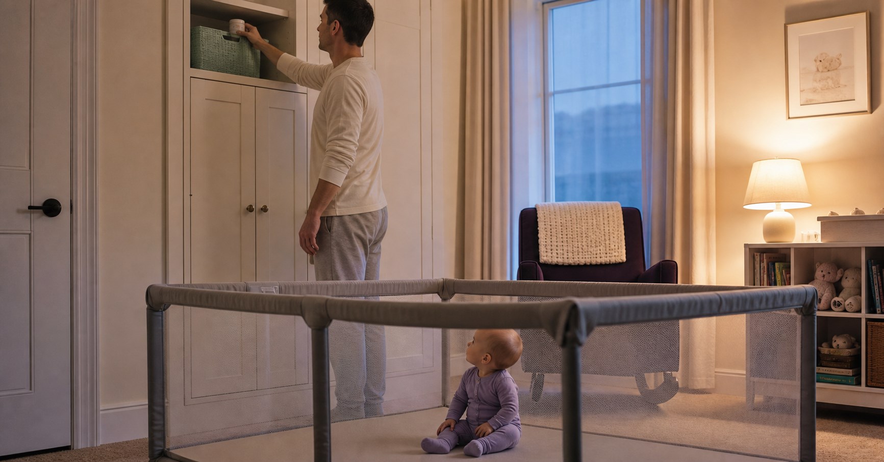 Father stores a closed jar on a high nursery shelf while a baby sits safely inside an empty play yard.