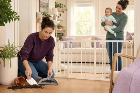 A caregiver cleans spilled potting soil while another holds a baby behind a closed safety gate.